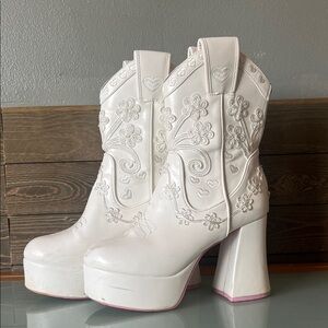 Dolls Kill White Floral Embroidered Heeled Boots